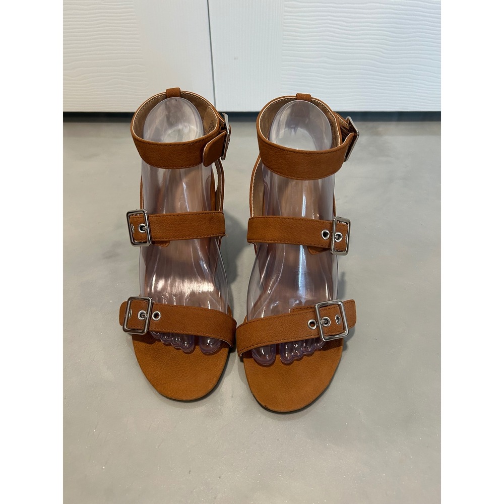 Vionic Perk Carmel Tan Brown Faux Suede Buckle Block Heel Sandals Womens 8 - Picture 2 of 5